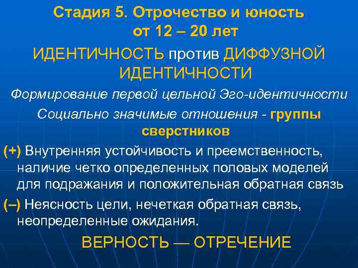 Стадия 5. Отрочество и юность от 12 – 20 лет ИДЕНТИЧНОСТЬ против ДИФФУЗНОЙ ИДЕНТИЧНОСТИ