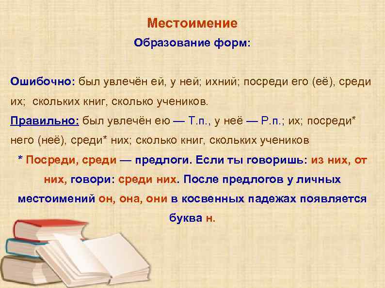 Местоимение Образование форм: Ошибочно: был увлечён ей, у ней; ихний; посреди его (её), среди