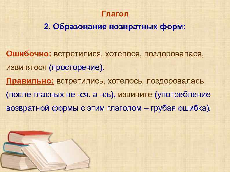 Глагол 2. Образование возвратных форм: Ошибочно: встретилися, хотелося, поздоровалася, извиняюся (просторечие). Правильно: встретились, хотелось,