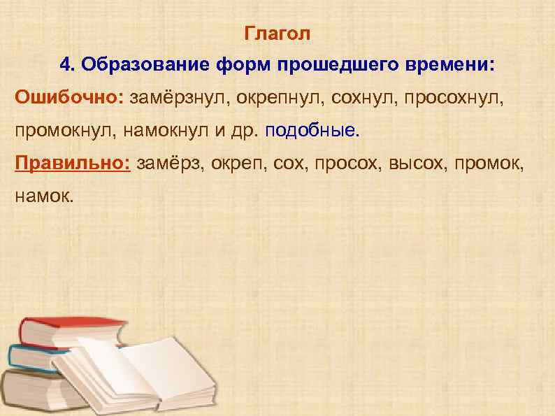 Глагол 4. Образование форм прошедшего времени: Ошибочно: замёрзнул, окрепнул, сохнул, промокнул, намокнул и др.