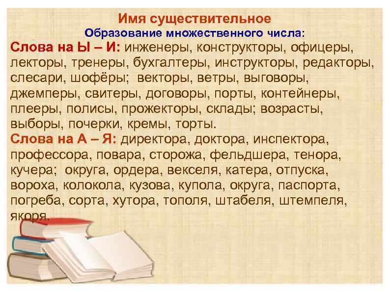 Имя существительное Образование множественного числа: Слова на Ы – И: инженеры, конструкторы, офицеры, лекторы,