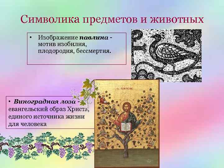 Символика предметов и животных • Изображение павлина мотив изобилия, плодородия, бессмертия. • Виноградная лоза