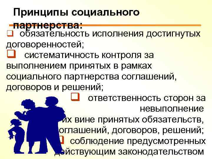 Принципы социального партнерства: q обязательность исполнения достигнутых договоренностей; q систематичность контроля за выполнением принятых