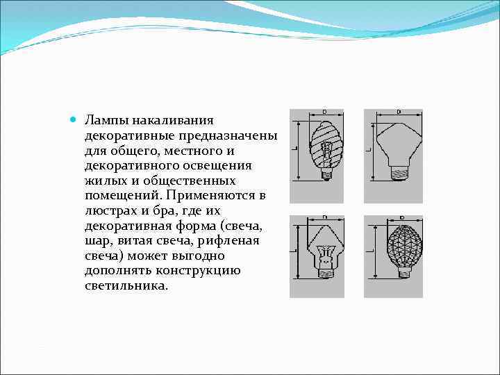  Лампы накаливания декоративные предназначены для общего, местного и декоративного освещения жилых и общественных