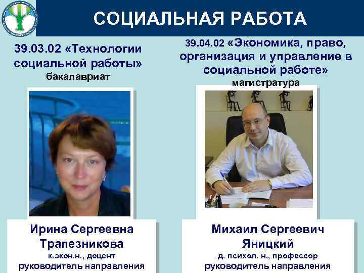 СОЦИАЛЬНАЯ РАБОТА 39. 03. 02 «Технологии социальной работы» бакалавриат Ирина Сергеевна Трапезникова 39. 04.