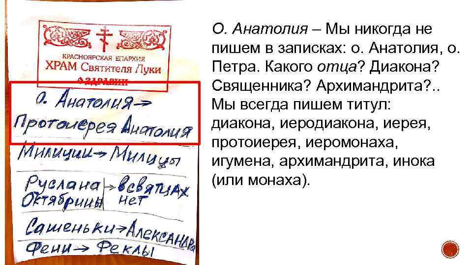 О. Анатолия – Мы никогда не пишем в записках: о. Анатолия, о. Петра. Какого