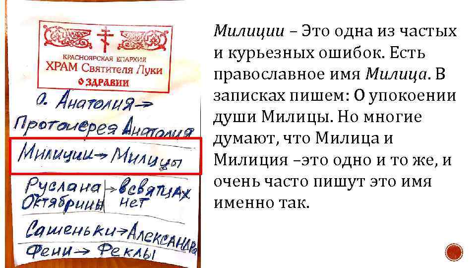 Милиции – Это одна из частых и курьезных ошибок. Есть православное имя Милица. В