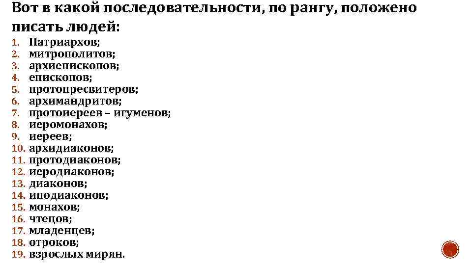 Вот в какой последовательности, по рангу, положено писать людей: 1. 2. 3. 4. 5.