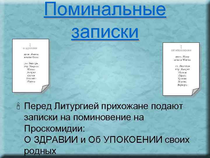 Поминальные записки ' Перед Литургией прихожане подают записки на поминовение на Проскомидии: О ЗДРАВИИ