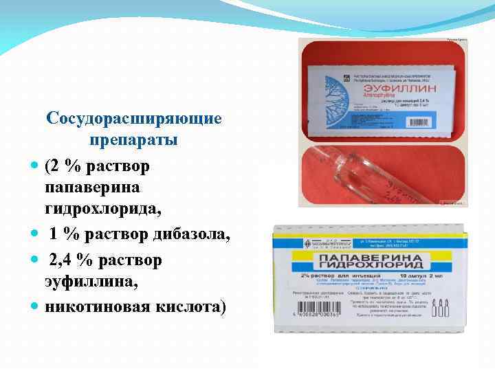 Сосудорасширяющие препараты (2 % раствор папаверина гидрохлорида, 1 % раствор дибазола, 2, 4 %