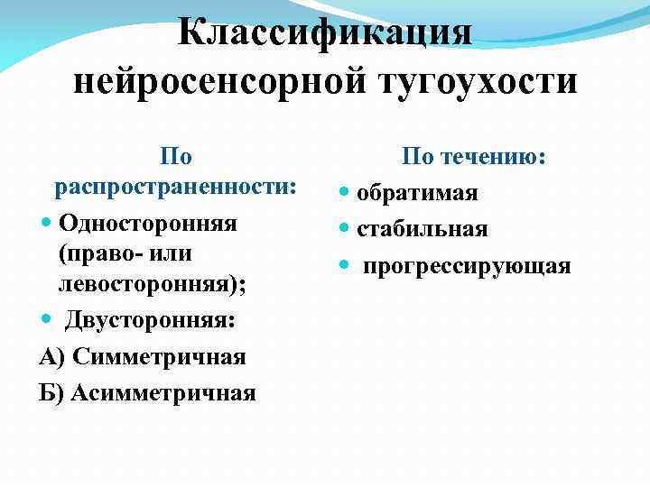 Классификация нейросенсорной тугоухости По распространенности: Односторонняя (право- или левосторонняя); Двусторонняя: А) Симметричная Б) Асимметричная
