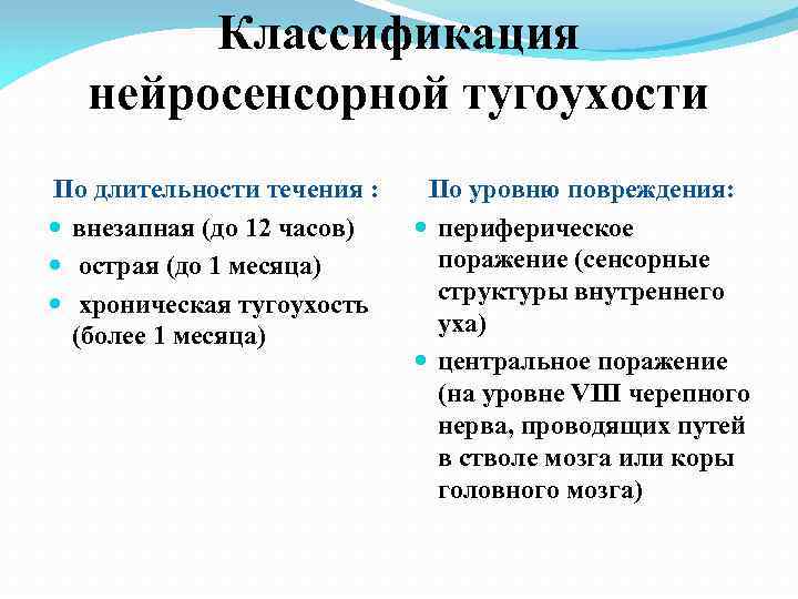 Классификация нейросенсорной тугоухости По длительности течения : внезапная (до 12 часов) острая (до 1
