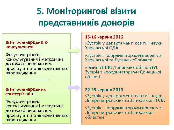 5. Моніторингові візити представників донорів Візит міжнародного консультанта Фокус зустрічей: консультування і методична допомога