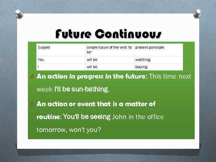 Future Continuous Subject simple future of the verb 'to present participle be' You will