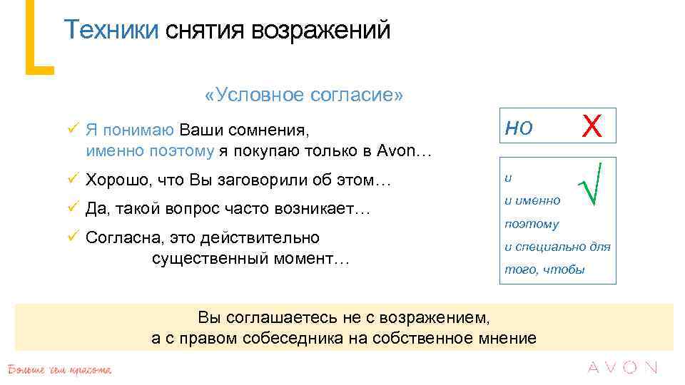 Техники снятия возражений «Условное согласие» ü Я понимаю Ваши сомнения, именно поэтому я покупаю