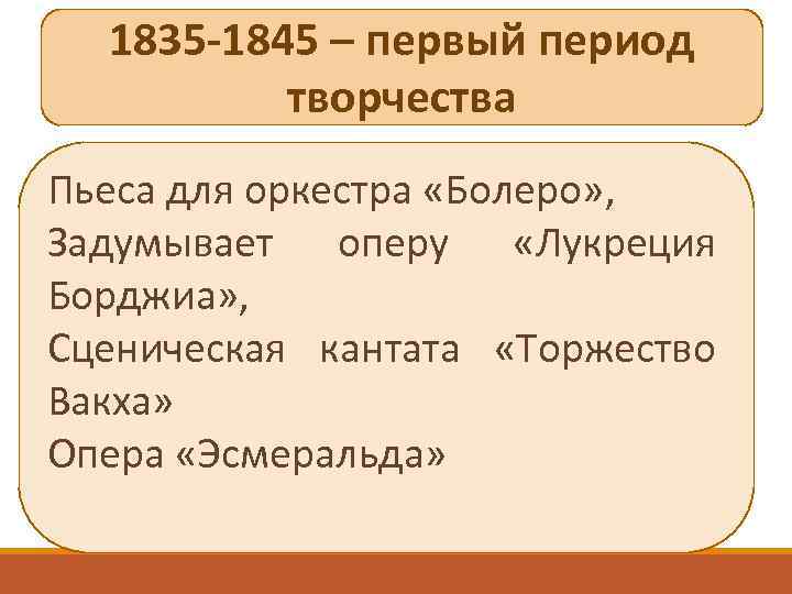 1835 -1845 – первый период творчества Пьеса для оркестра «Болеро» , Задумывает оперу «Лукреция