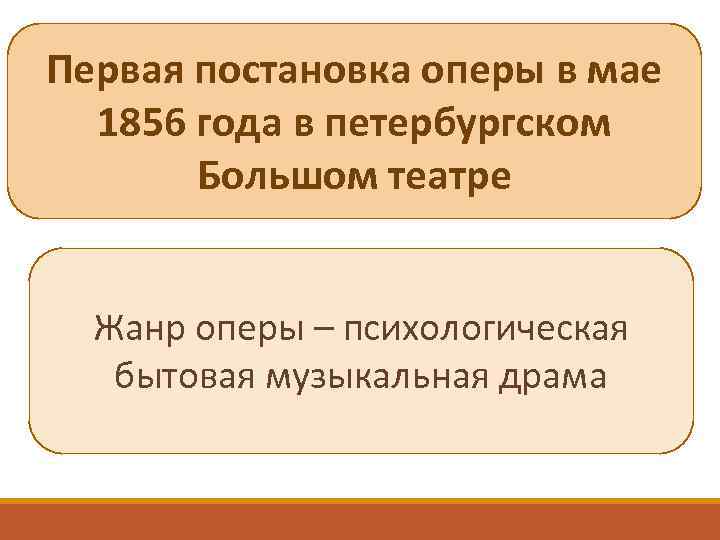 Первая постановка оперы в мае 1856 года в петербургском Большом театре Жанр оперы –