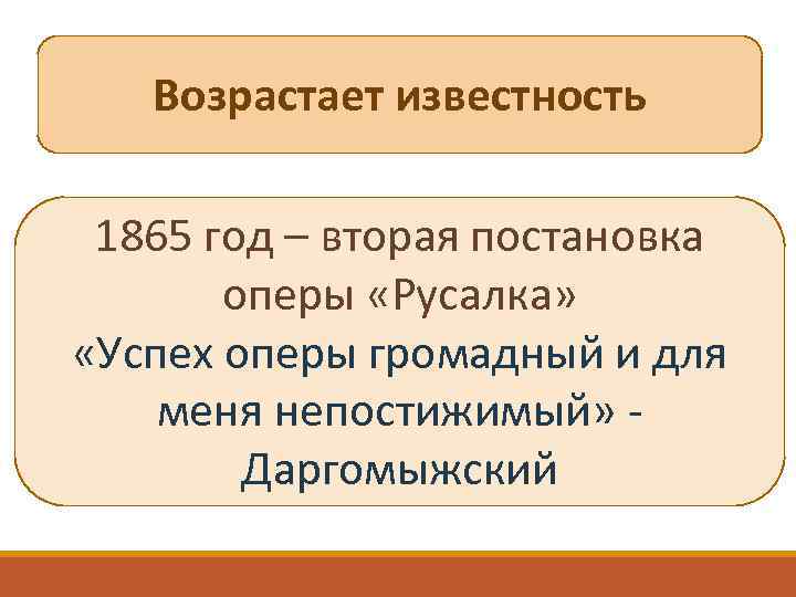 Возрастает известность 1865 год – вторая постановка оперы «Русалка» «Успех оперы громадный и для