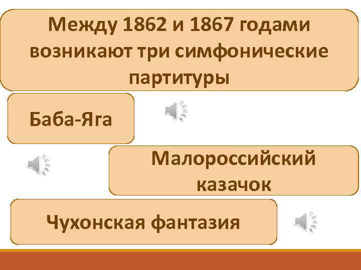 Между 1862 и 1867 годами возникают три симфонические партитуры Баба-Яга Малороссийский казачок Чухонская фантазия