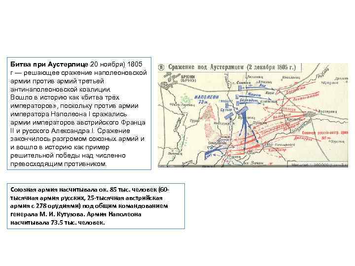 Битва при Аустерлице 20 ноября) 1805 г — решающее сражение наполеоновской армии против армий