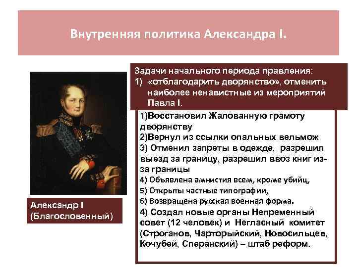 Внутренняя политика Александра I. Александр I (Благословенный) Задачи начального периода правления: 1) «отблагодарить дворянство»