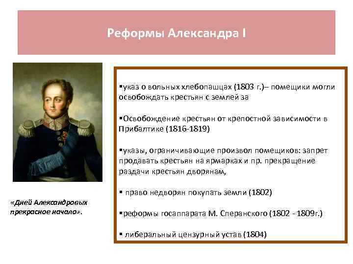 Реформы Александра I §указ о вольных хлебопашцах (1803 г. )– помещики могли освобождать крестьян