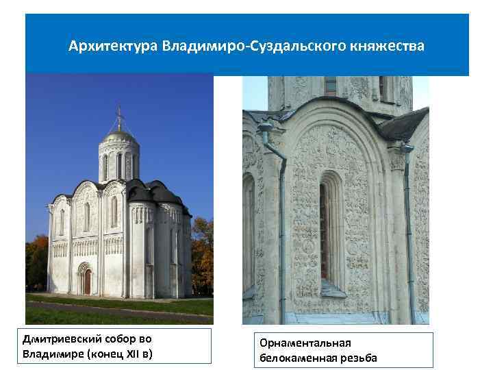 Архитектура Владимиро-Суздальского княжества Дмитриевский собор во Владимире (конец XII в) Орнаментальная белокаменная резьба 