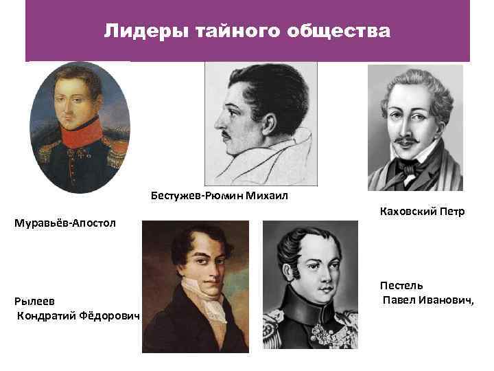 Лидеры тайного общества Бестужев-Рюмин Михаил Муравьёв-Апостол Рылеев Кондратий Фёдорович Каховский Петр Пестель Павел Иванович,