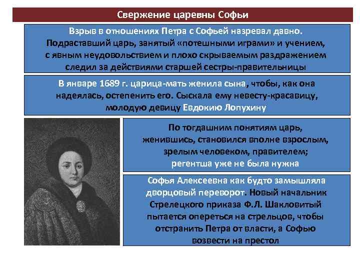 Свержение царевны Софьи Взрыв в отношениях Петра с Софьей назревал давно. Подраставший царь, занятый