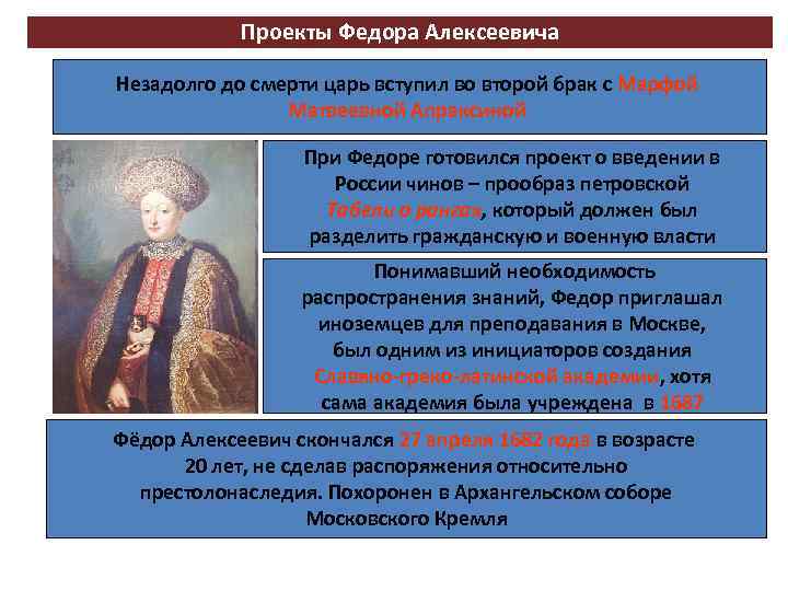 Проекты Федора Алексеевича Незадолго до смерти царь вступил во второй брак с Марфой Матвеевной