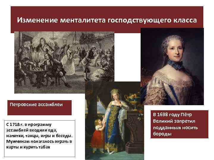 Изменение менталитета господствующего класса Петровские ассамблеи С 1718 г. в программу ассамблей входили еда,