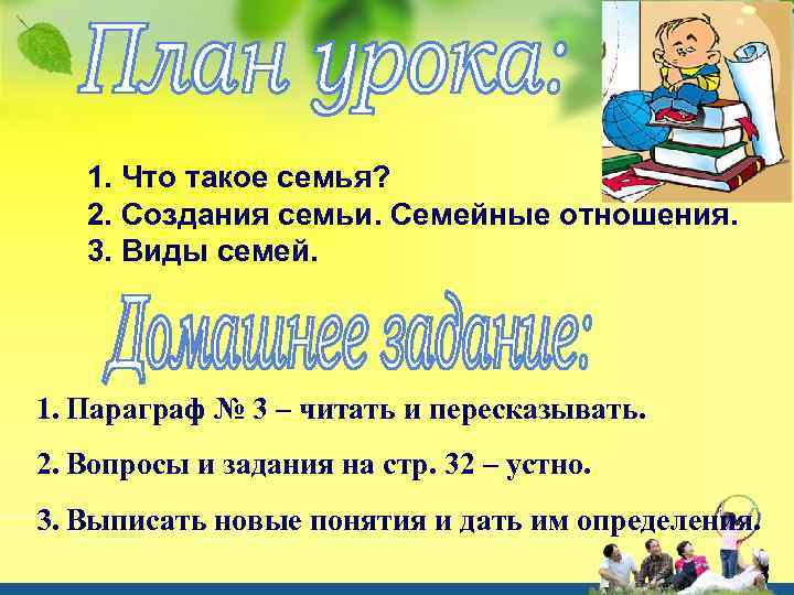 1. Что такое семья? 2. Создания семьи. Семейные отношения. 3. Виды семей. 1. Параграф