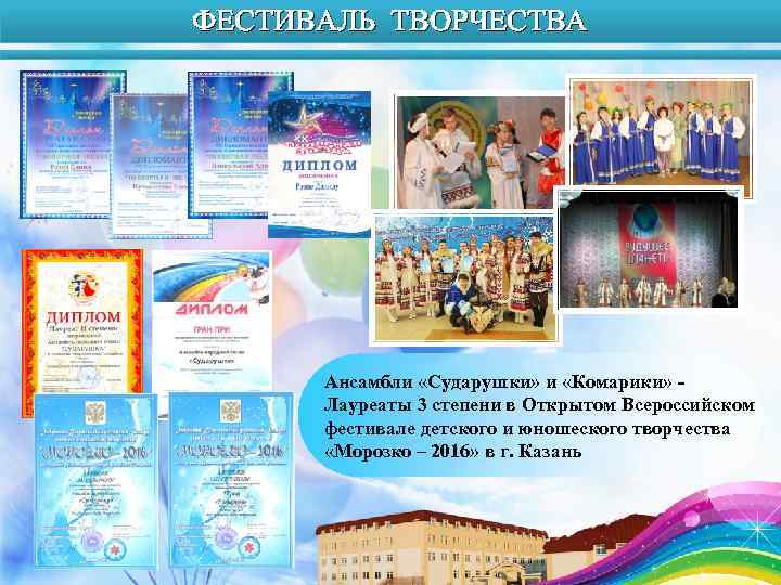 ФЕСТИВАЛЬ ТВОРЧЕСТВА Ансамбли «Сударушки» и «Комарики» Лауреаты 3 степени в Открытом Всероссийском фестивале детского