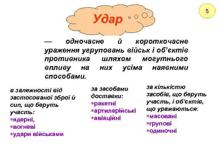 5 Удар — одночасне й короткочасне ураження угруповань військ і об’єктів противника шляхом могутнього