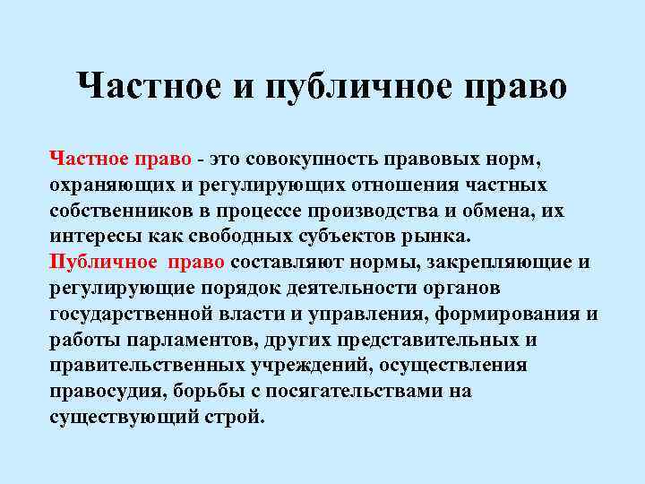 Частное и публичное право Частное право - это совокупность правовых норм, охраняющих и регулирующих