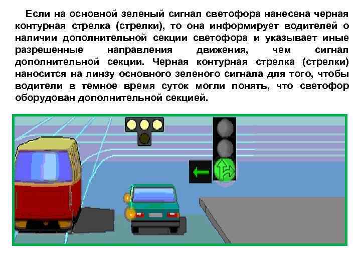 Если на основной зеленый сигнал светофора нанесена черная контурная стрелка (стрелки), то она информирует