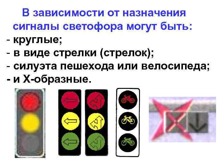 В зависимости от назначения сигналы светофора могут быть: - круглые; - в виде стрелки