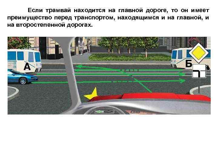 Если трамвай находится на главной дороге, то он имеет преимущество перед транспортом, находящимся и