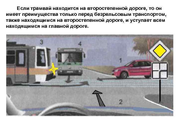 Если трамвай находится на второстепенной дороге, то он имеет преимущества только перед безрельсовым транспортом,