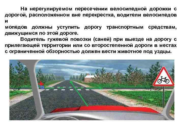 На нерегулируемом пересечении велосипедной дорожки с дорогой, расположенном вне перекрестка, водители велосипедов и мопедов