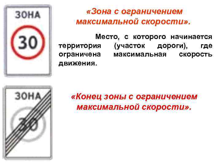  «Зона с ограничением максимальной скорости» . Место, с которого начинается территория (участок дороги),