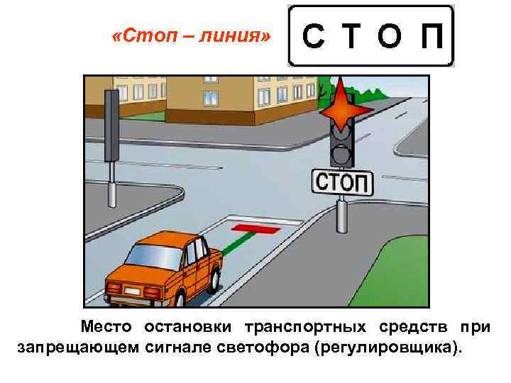  «Стоп – линия» Место остановки транспортных средств при запрещающем сигнале светофора (регулировщика). 