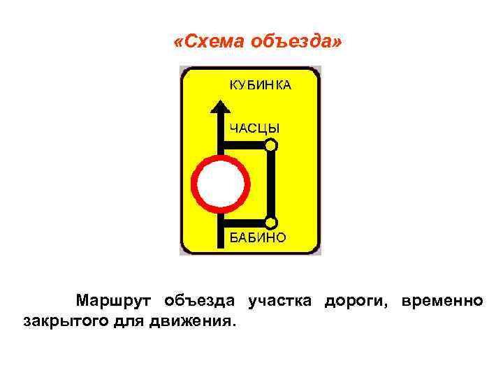  «Схема объезда» Маршрут объезда участка дороги, временно закрытого для движения. 