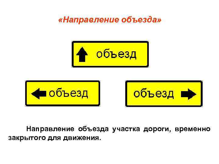  «Направление объезда» Направление объезда участка дороги, временно закрытого для движения. 
