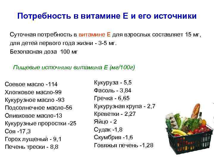 Потребность в витамине Е и его источники Суточная потребность в витамине Е для взрослых