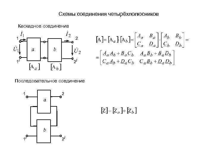 Схемы соединения четырёхполюсников Каскадное соединение 1 2 a b 1/ 2/ Последовательное соединение 1