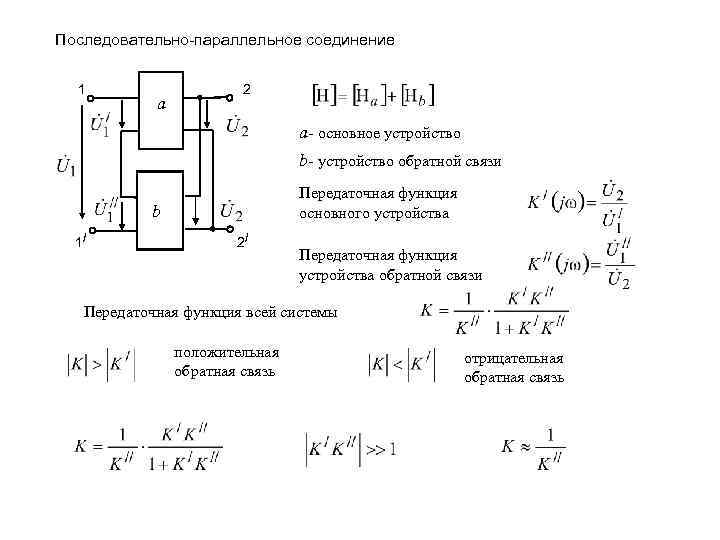 Последовательно-параллельное соединение 1 a 2 a- основное устройство b- устройство обратной связи Передаточная функция