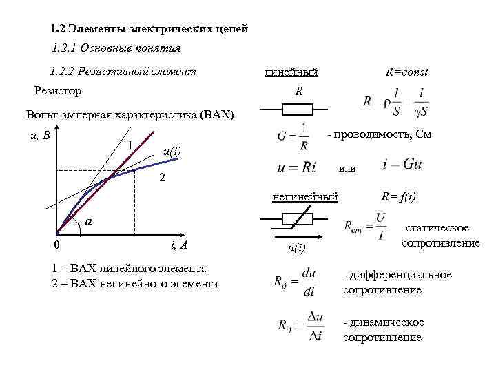 1. 2 Элементы электрических цепей 1. 2. 1 Основные понятия 1. 2. 2 Резистивный