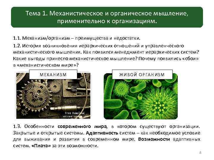 Тема 1. Механистическое и органическое мышление, применительно к организациям. 1. 1. Механизм/организм – преимущества