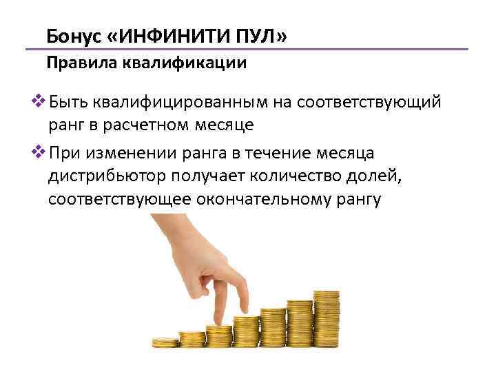 Бонус «ИНФИНИТИ ПУЛ» Правила квалификации v Быть квалифицированным на соответствующий ранг в расчетном месяце